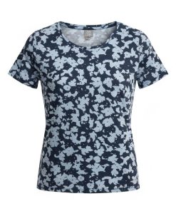 Rabe dames t-shirt met korte mouwen en blauwe bloemenprint op donkerblauwe achtergrond