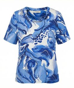 Sensia dames shirt met korte mouwen in blauw-witte abstracte print en decoratieve halsuitsnijdingen.