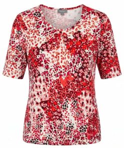 Marinello dames shirt met rode abstracte print, ronde hals met plooi en elastische zoom.