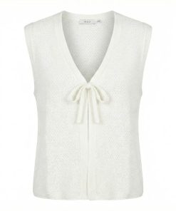 Off-white gebreid dames gilet van MXO met striksluiting en V-hals