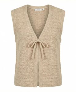 Beige gebreid dames gilet van MXO met V-hals en striksluiting aan de voorzijde