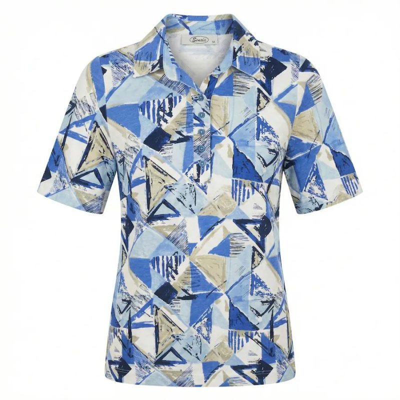 Sensia Dames Poloshirt met Kraag - Blauw Geometrisch Dessin 