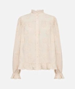 Elegante beige Soyaconcept blouse met opstaande ruffelkraag, bloemenborduursels en ruches aan de mouwen