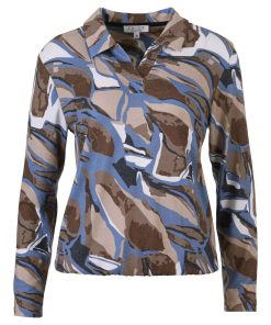 Enjoy poloshirt voor dames met blauw en beige abstracte print en lange mouwen