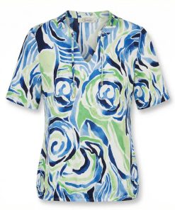 Sensia dames blouson met blauw-groene abstracte print, opstaande kraag met koordje en elastische zoom.