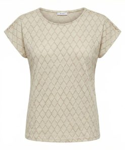 Zandkleurig dames T-shirt van MXO met ruitpatroon en opengewerkte details op de mouwen