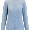 Lichtblauwe fijngebreide Signature trui voor dames met ajourpatroon en geschulpte zoom