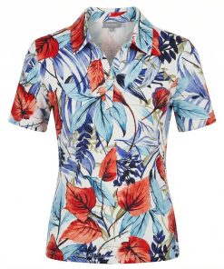 Marinello dames poloshirt met een kleurrijke rood en blauwe bladerenprint en een klassieke kraag.