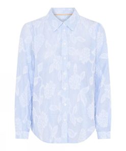 Soulmate dames blouse in lichtblauw wit gestreept met witte bloemenprint en klassieke kraag