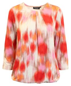Kleurrijke Signature dames blouson met abstracte oranje en roze print en driekwart mouw