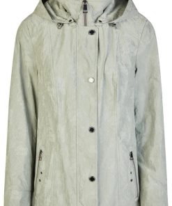 Lichtgroen kort Barbara Lebek damesjack met ritszakken en capuchon, voor- en achteraanzicht