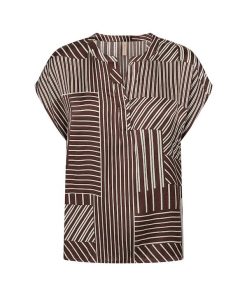 Bruine SoyaConcept Catarina blouse met wit geometrisch lijnenspel en v-hals
