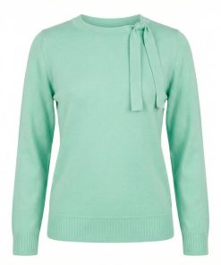 Mintgroene fijngebreide dames trui van Signature met strikdetail bij de hals