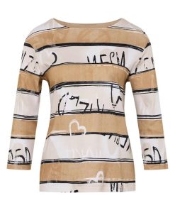 Rabe dames shirt camel beige gestreept met zwarte grafische print en 3/4 mouw