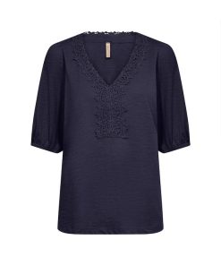 Donkerblauw SoyaConcept Babette shirt met kanten v-hals en half-lange mouwen