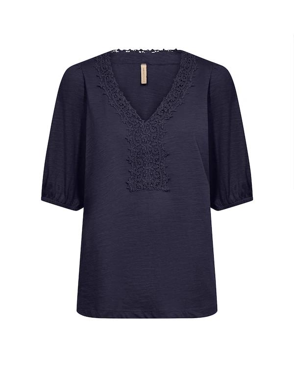 Donkerblauw SoyaConcept Babette shirt met kanten v-hals en half-lange mouwen