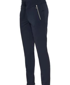 Dreamstar Benny slim fit damesbroek in indigo marine travelstof met zilveren ritszakken