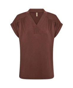 Bruin SoyaConcept Marica shirt met v-hals en korte mouwen van duurzaam Lyocell