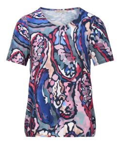 Blauw abstract dames shirt Lou Lou van Dreamstar met korte mouwen en elastische onderzijde