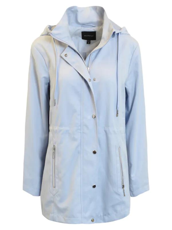 Zandkleurige Brandtex damesjas met ritszakken en afneembare capuchon