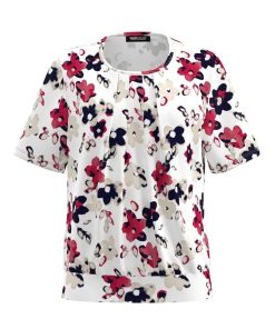 Frank Walder dames blouson met rood bloemenpatroon, ronde hals met plooitjes en elastische zoom