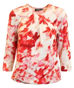 Kleurrijke rode dames blouson van Signature met abstract dessin, driekwart mouwen en elastische onderzijde