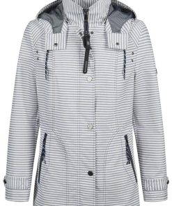 Barbara Lebek damesjas blauw wit gestreept met ritszakken en afneembare capuchon vooraanzicht