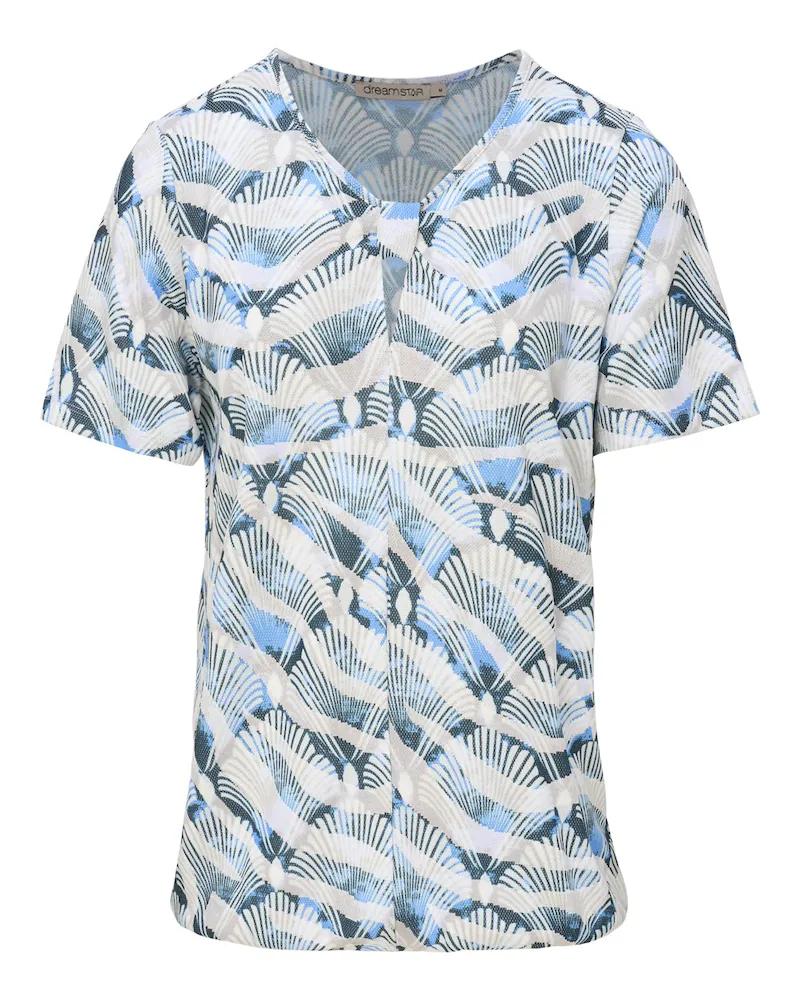 Dreamstar shirt Shelly in blauw met abstracte waaiers print en V-hals voor dames.