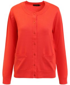 Brandtex dames vest rood fijngebreid met ronde hals, knoopsluiting en steekzakjes