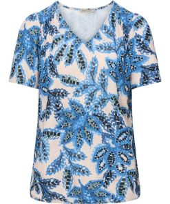 Blauw-zandkleurig dames shirt Mercer van Dreamstar met mozaïek bloemdessin en V-hals