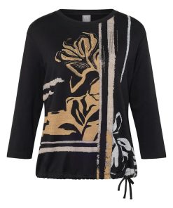 Zwart dames shirt van Rabe met grafische print, driekwart mouwen en verstelbaar taillekoord