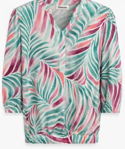 Sensia dames blouson met fuchsia en mintgroene bladprint en elastische zoom