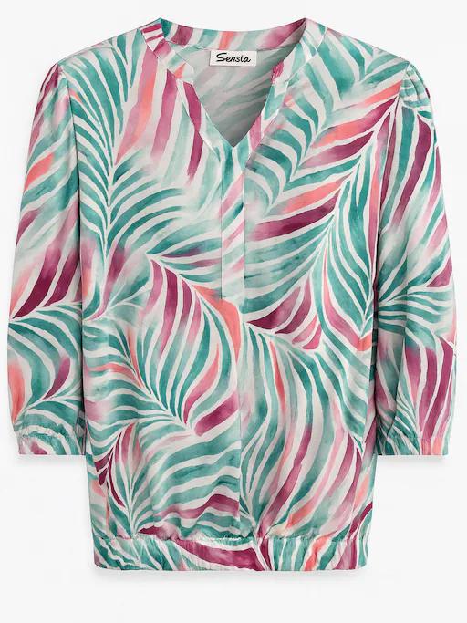 Sensia dames blouson met fuchsia en mintgroene bladprint en elastische zoom