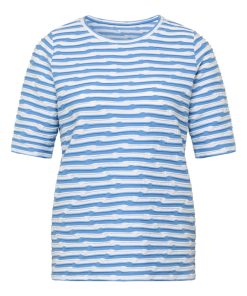Lichtblauw wit gestreept dames T-shirt van Rabe met ronde hals en voelbare reliëf-structuur.
