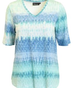 Dames shirt van Signature met horizontaal kleurverloop in mintgroen en blauw en een V-hals