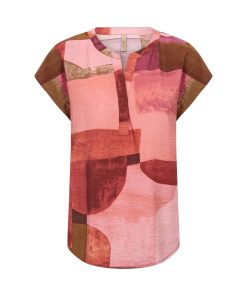 Soyaconcept dames blouse shirt met abstracte print in rozetinten, korte kapmouwtjes en een subtiele V-hals.