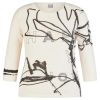 Rabe dames trui off-white met zwart abstract bloemdessin, ronde hals en 3/4 mouw