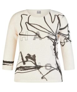 Rabe dames trui off-white met zwart abstract bloemdessin, ronde hals en 3/4 mouw
