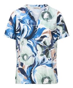 Dreamstar top model Margo met blauw-groene bloemenprint, V-hals en korte mouwen