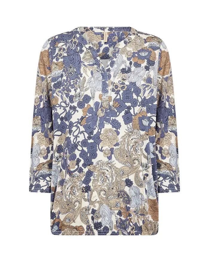 Blauw gebloemde Soyaconcept Felicity damesblouse met driekwart mouwen en v-hals detail.