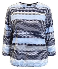 Blauw wit gestreepte dames blouson van Brandtex met driekwart mouwen en elastische onderzijde