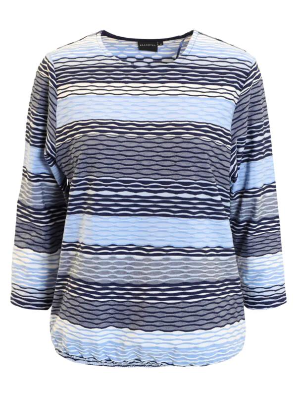 Blauw wit gestreepte dames blouson van Brandtex met driekwart mouwen en elastische onderzijde