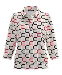 Frank Walder dames poloshirt met beige en rood grafisch dessin, polokraag en driekwart mouwen