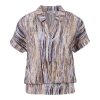 Enjoy dames poloshirt met blauw beige geometrische print en elastische heupboord