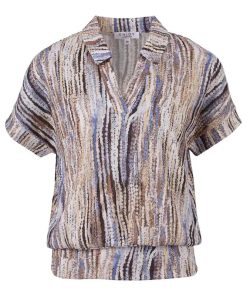 Enjoy dames poloshirt met blauw beige geometrische print en elastische heupboord