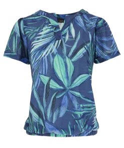 Leona per Donna dames shirt met korte mouwen in blauw en groen met tropische bladeren print en elastische zoom
