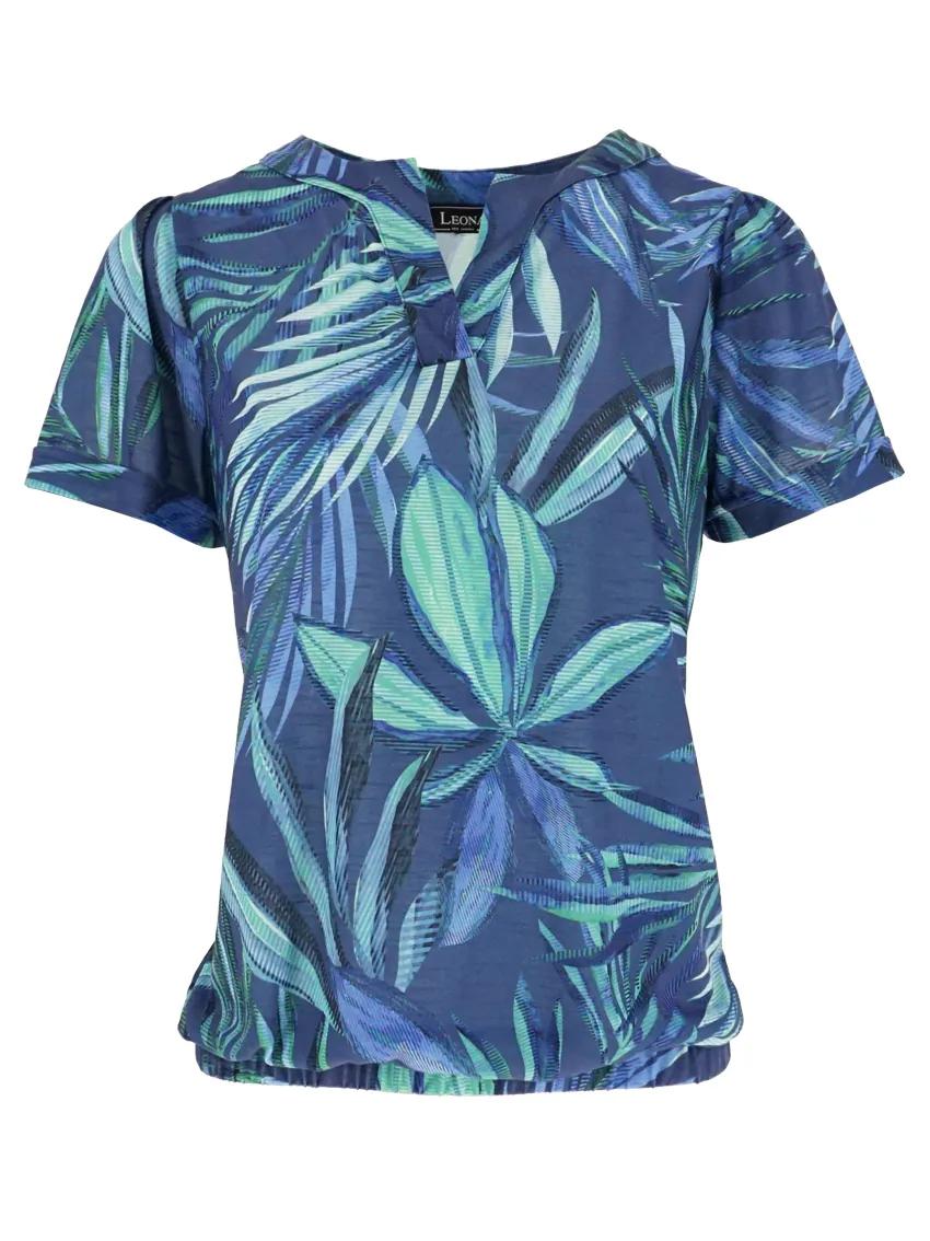 Leona per Donna dames shirt met korte mouwen in blauw en groen met tropische bladeren print en elastische zoom