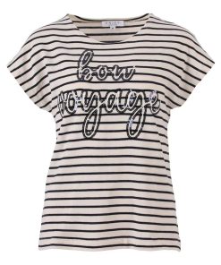 Marine gestreept dames shirt van Enjoy met 'Bon Voyage' opdruk en kapmouwtjes