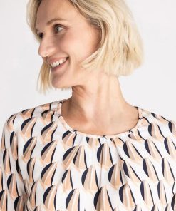 Frank Walder dames blouson marine beige print met ronde hals en plooitjes van Ecovero viscose