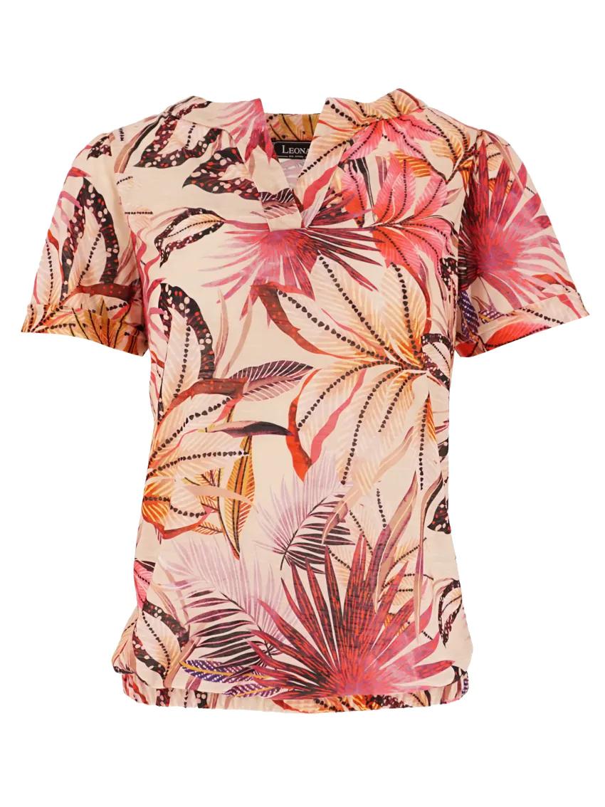 Leona per Donna dames shirt met korte mouwen en kleurrijke roze tropische print